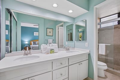 The master bath features a double vanity and luxurious amenities