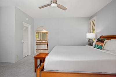Retreat to the serene master suite featuring a plush king bed and calming natural tones