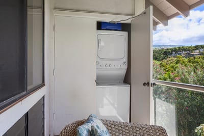 A combo washer/dryer is conveniently located on the lanai