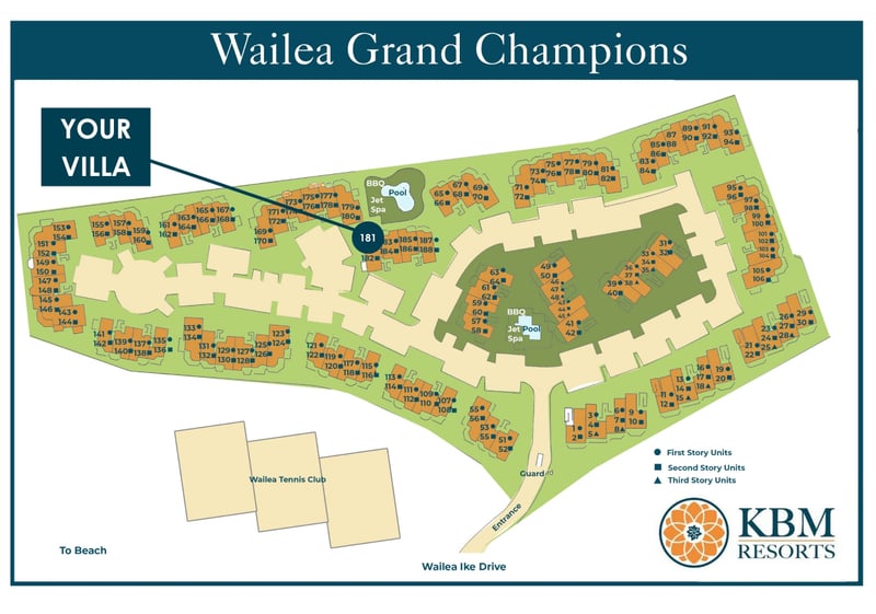 Resort map at Wailea Grand Champions — Villa 181 sits near the front of the property, a short walk to the Wailea Tennis Club