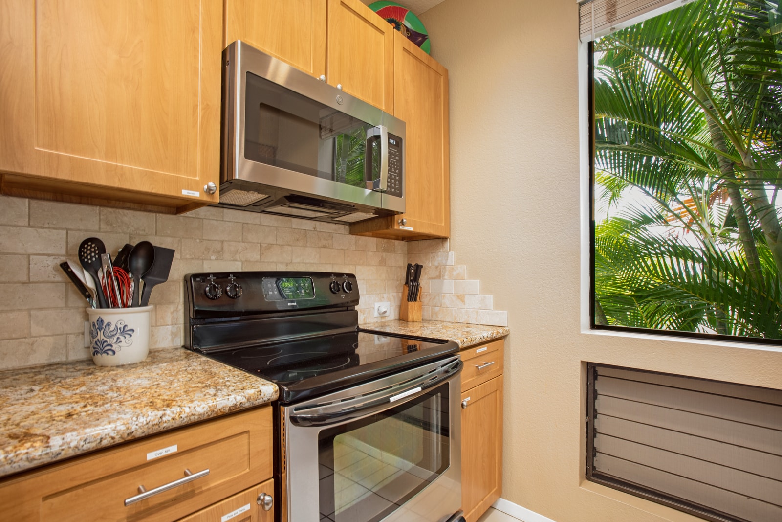 Modern kitchen with full-size appliances and tropical window view