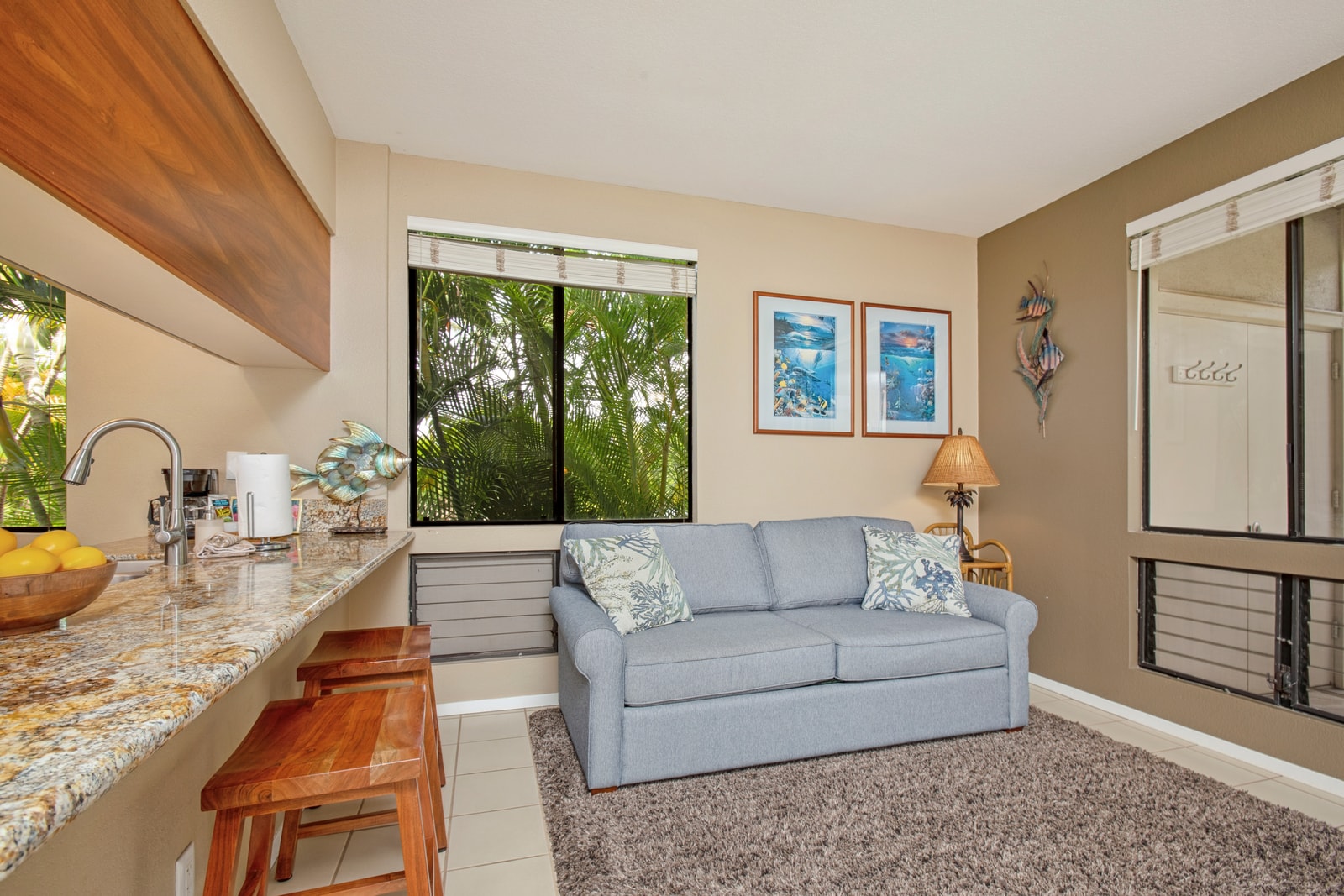 Bright and open living space with additional bar seating