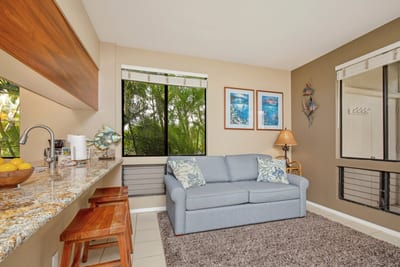 Bright and open living space with additional bar seating