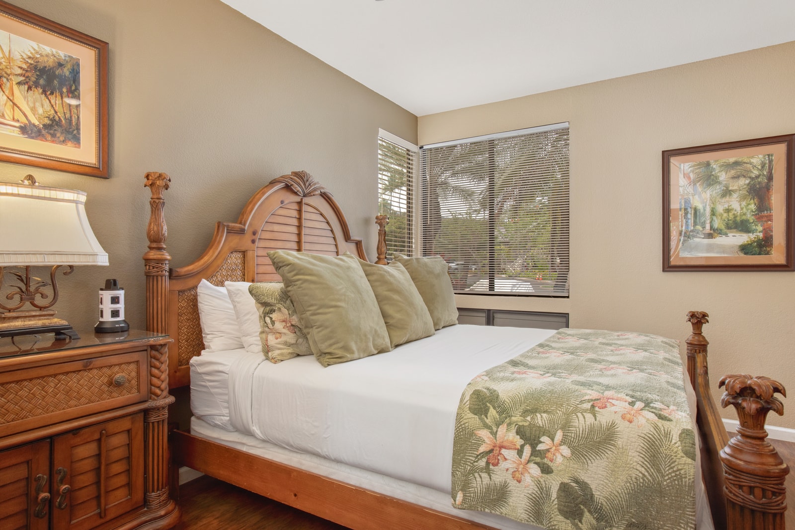 Relax in this cozy master suite with warm wood finishes
