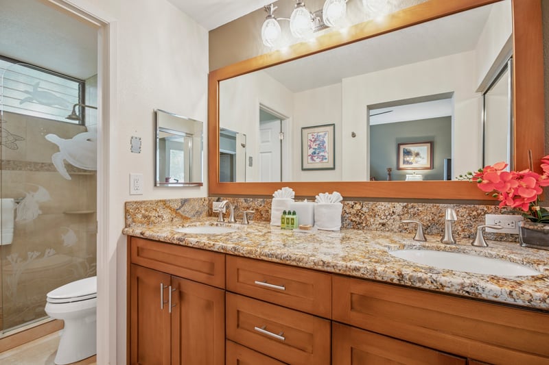 Elegant master bath with dual vanity and granite countertops