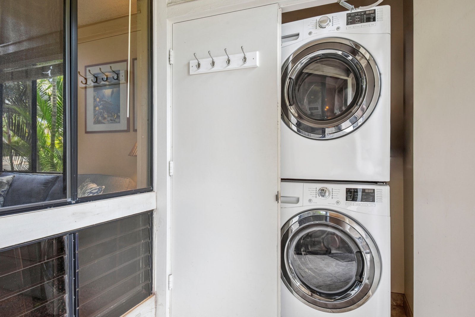 A stacked washer/dryer for added convenience during your stay