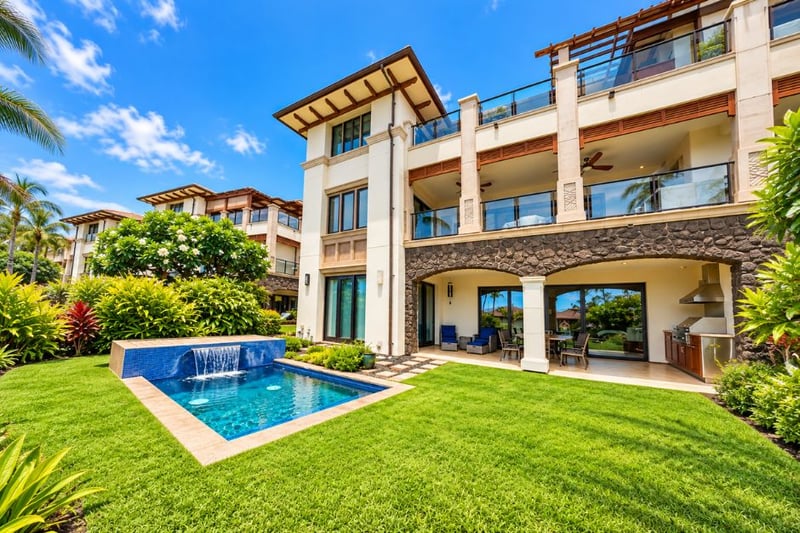 Building exterior with private plunge pool, waterfall feature, lush lawn, and covered lanai with outdoor kitchen WBV-G101
