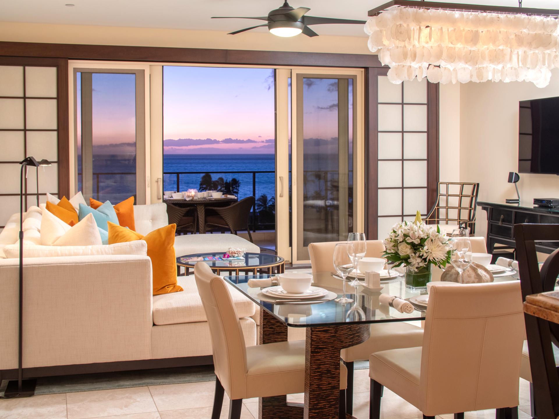 Elegant chandelier lighting sets the tone for memorable meals with family and friends.