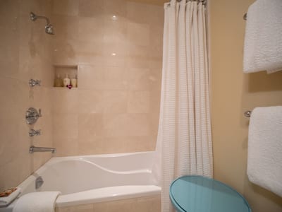 Stone tile and soft lighting create a warm, welcoming atmosphere in the hallway bath.