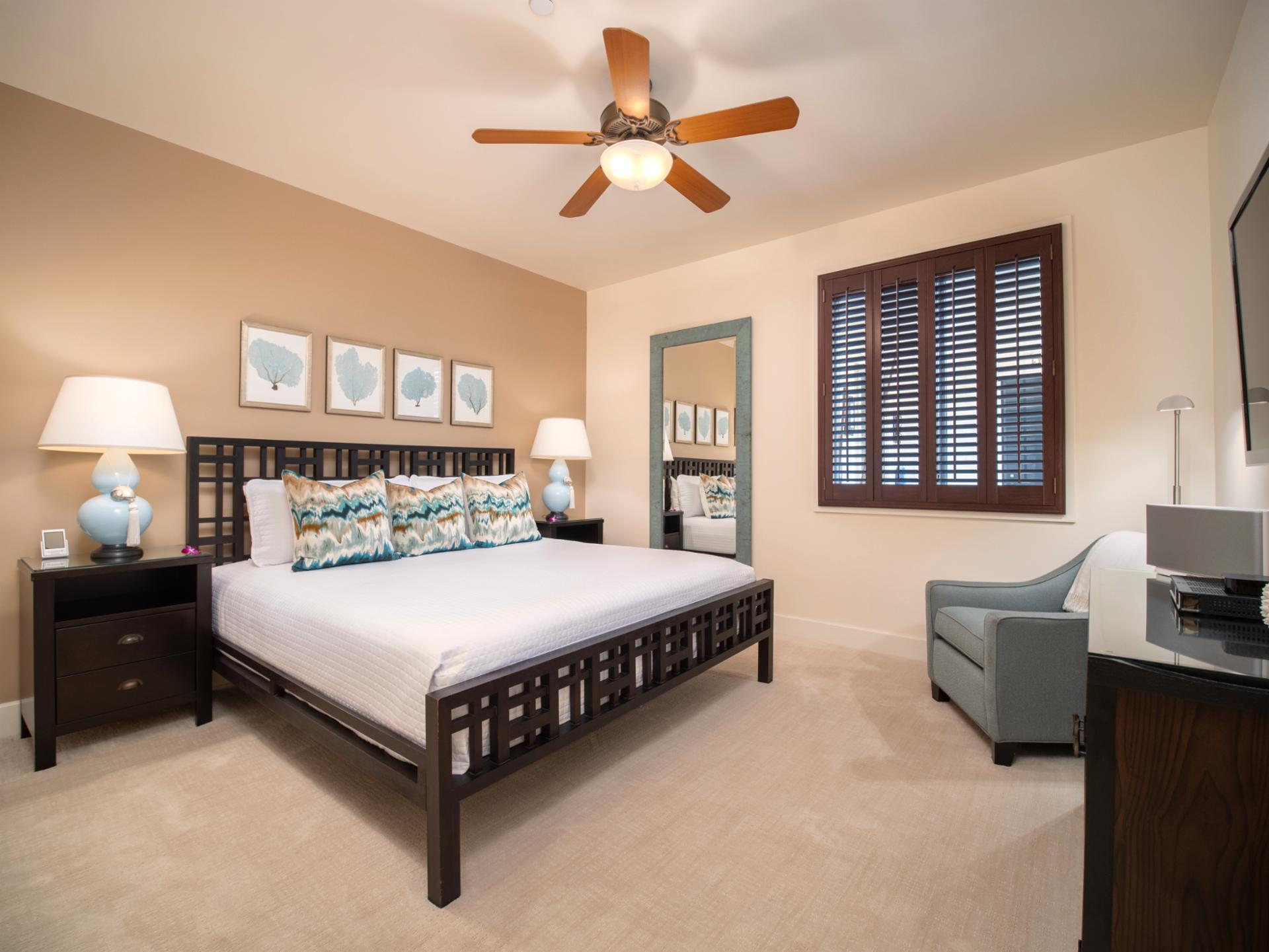 Your second bedroom features a King bed, ceiling fan, and private TV for quiet evenings.