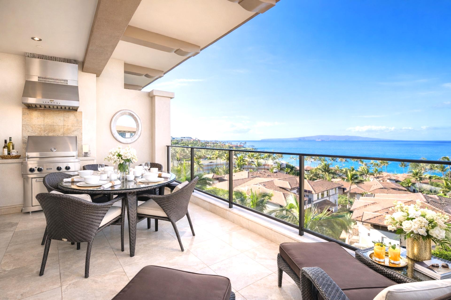 Dine and relax on this expansive lanai with built-in BBQ grill and panoramic ocean views.