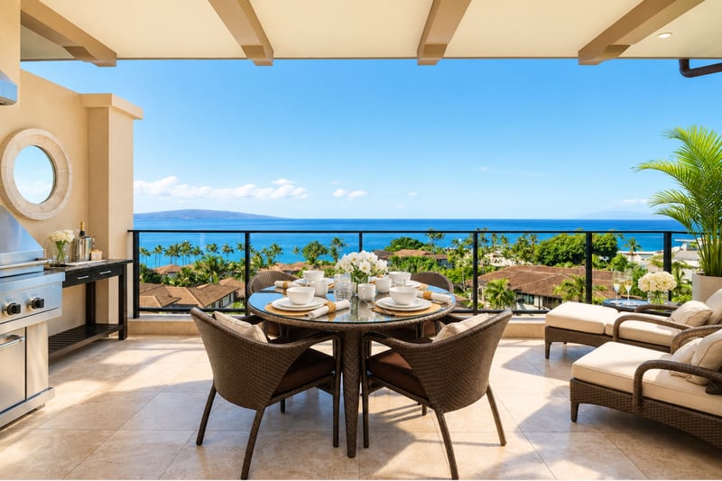 Rooftop lanai dining at Wailea Beach Villas PH505 — table for four with a private BBQ kitchen and panoramic Pacific views WBV-PH505