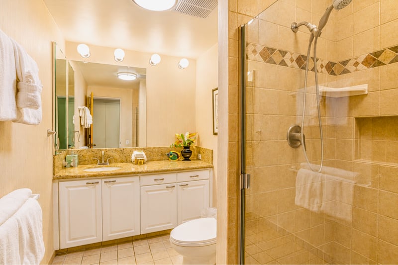 Guest bathroom conveniently located and thoughtfully equipped.