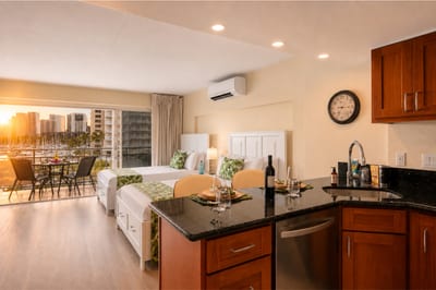Open concept kitchen with granite counters and incredible views.