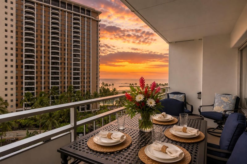 Private lanai at Ilikai Resort & Spa with tropical floral dining setup, ocean glimpses, and beautiful Waikiki