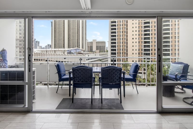 Enjoy both city and ocean views from the lanai.