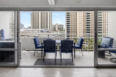 Enjoy both city and ocean views from the lanai.