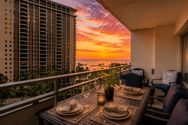 Private lanai with panoramic sunset views overlooking the marina, city skyline, and Pacific Ocean.