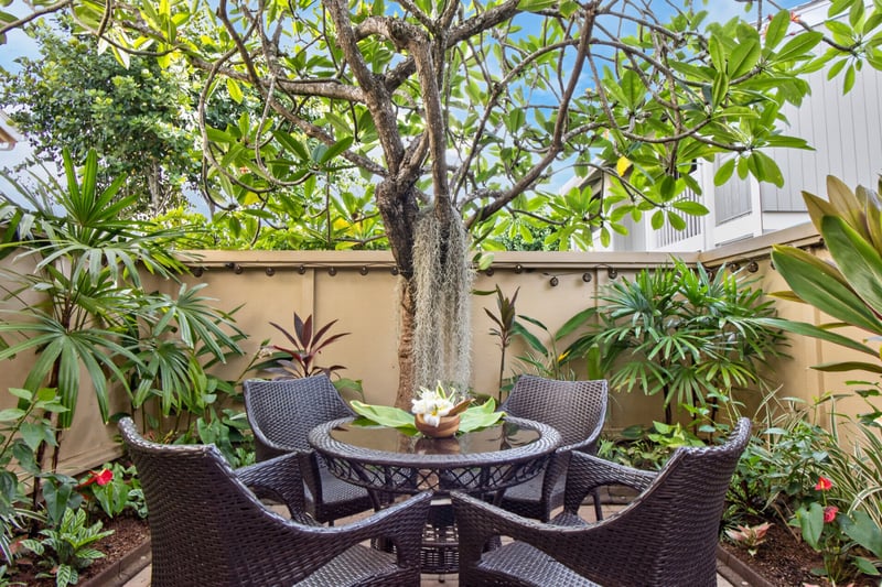 Enjoy morning coffee in the peaceful outdoor seating area