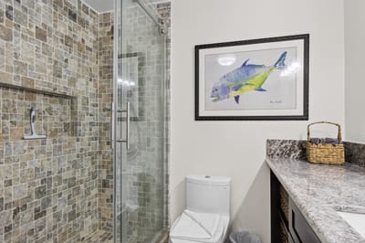 Spacious bathroom with a walk in shower and granite countertops