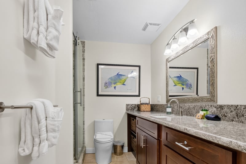Well lit full bathroom with fresh finishes and plenty of counter space