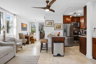 Comfortable living area with easy access to the kitchen and lanai