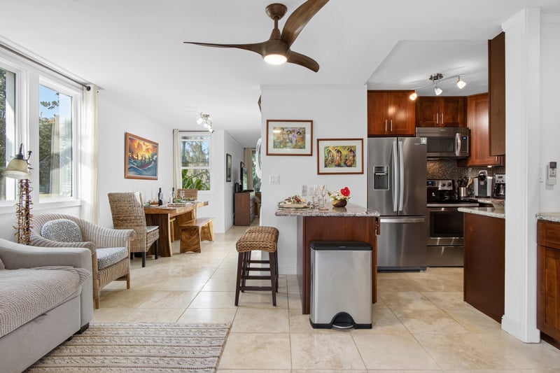Comfortable living area with easy access to the kitchen and lanai