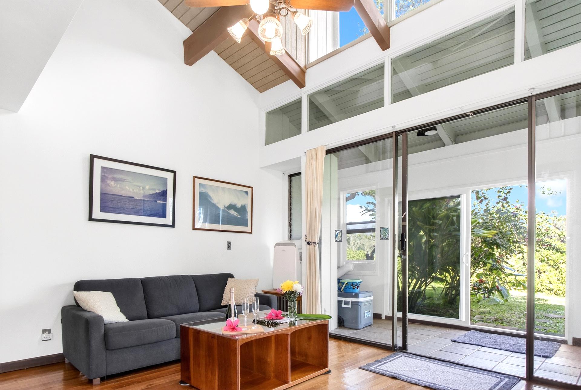 Open concept living with sliding doors to fresh air