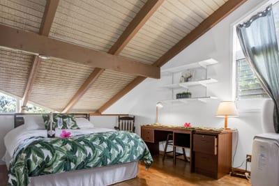 The welcoming guest room features bright natural light and island touches