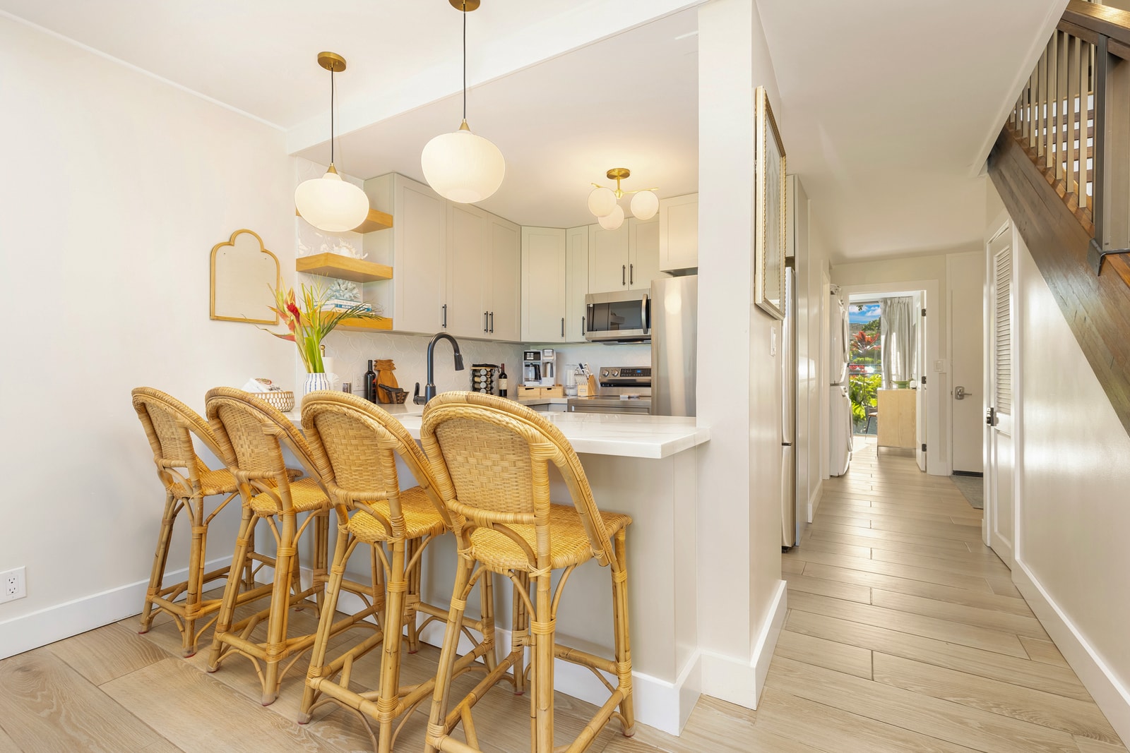 Bar seating invites casual conversation while you prep island snacks or mix up tropical drinks.