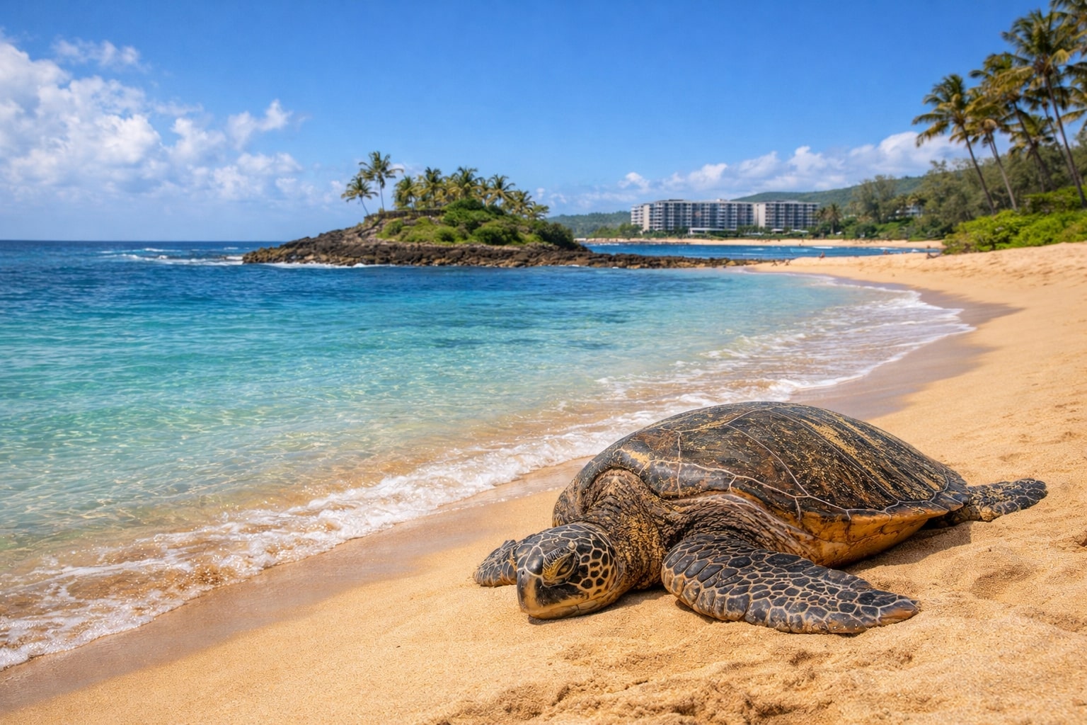 Spot Hawaiian green sea turtles resting on the sand at nearby Turtle Bay, a memorable island moment just minutes from your stay.
