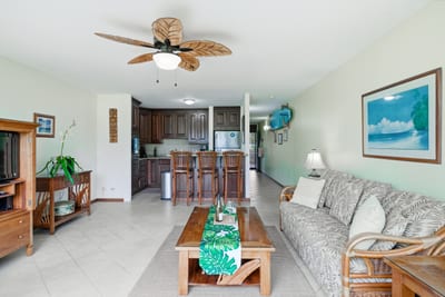 Full view of the open layout with a sleeper sofa and easy connection to the kitchen and dining.