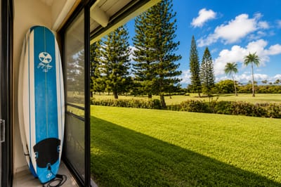 Rinse off and tuck your gear away with convenient surfboard storage. A rare opportunity: this beautiful condo comes with complimentary surfboard rentals!