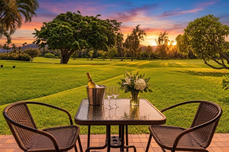 Sunset golf course view from the private lanai at Kuilima West Estates 144, with a front-row seat to Turtle Bay's fairways and a nightly North Shore sunset show.