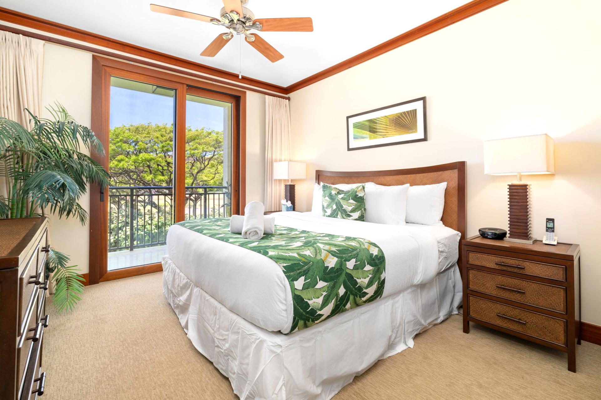 Stretch out in your plush King bed, then step onto the lanai where palm trees sway and paradise greets the morning