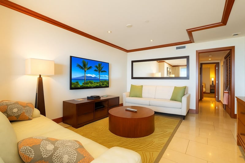 Crisp corners and curved tables create harmony, while the rug whispers of beach walks and flip-flop footprints