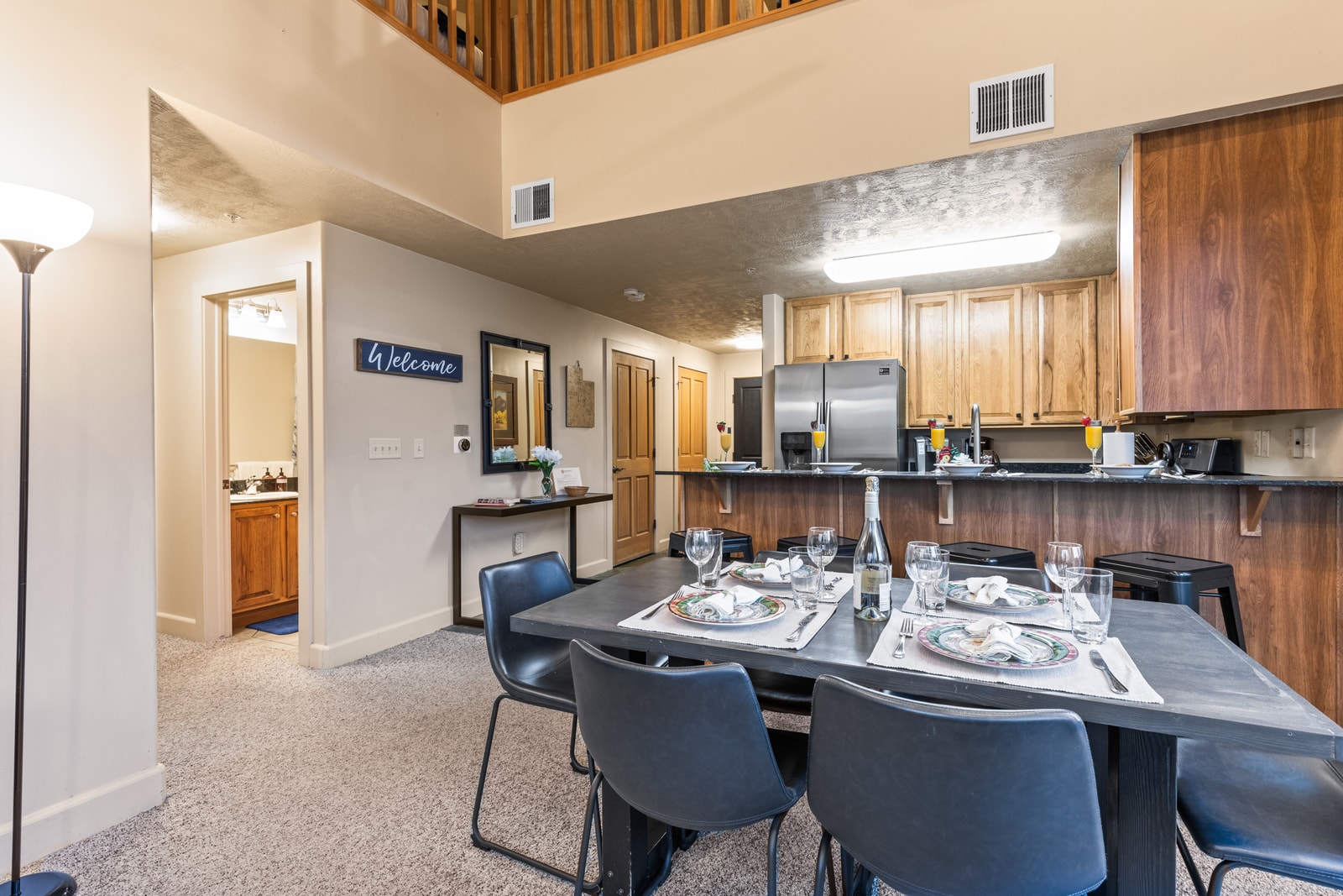 Dining area offers seating for eight and an open flow from kitchen to living.