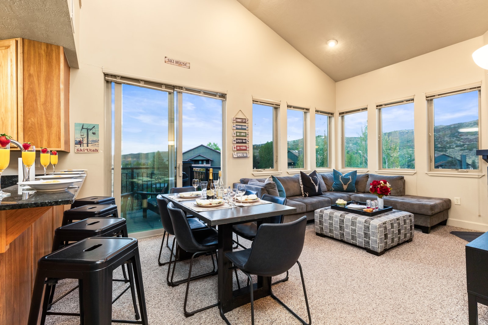 Mountain views surround your dining area, perfect for breakfast spreads or family dinners.