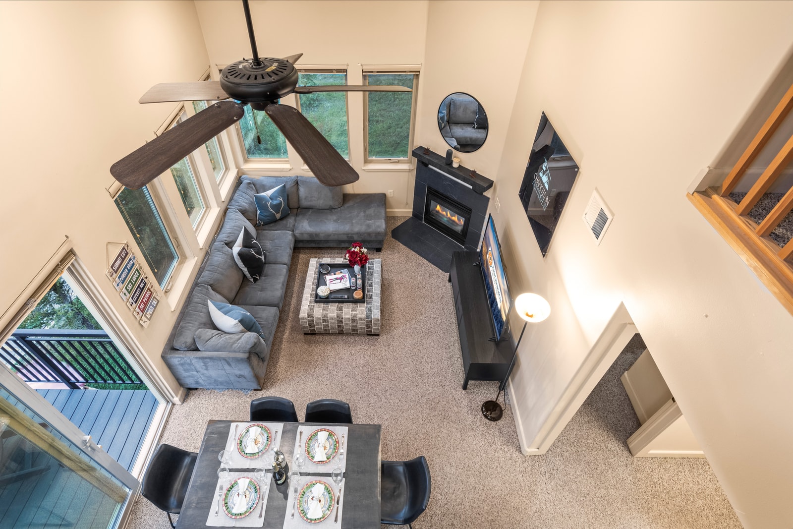 Bird’s-eye view of your living area shows off the open layout and spacious gathering space.