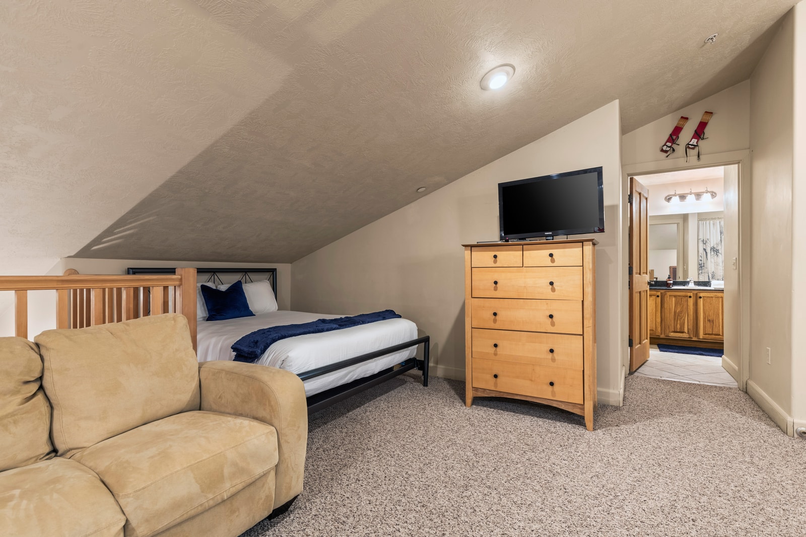 View of the upper loft shows two Twin XL beds, which can convert to a King by request.