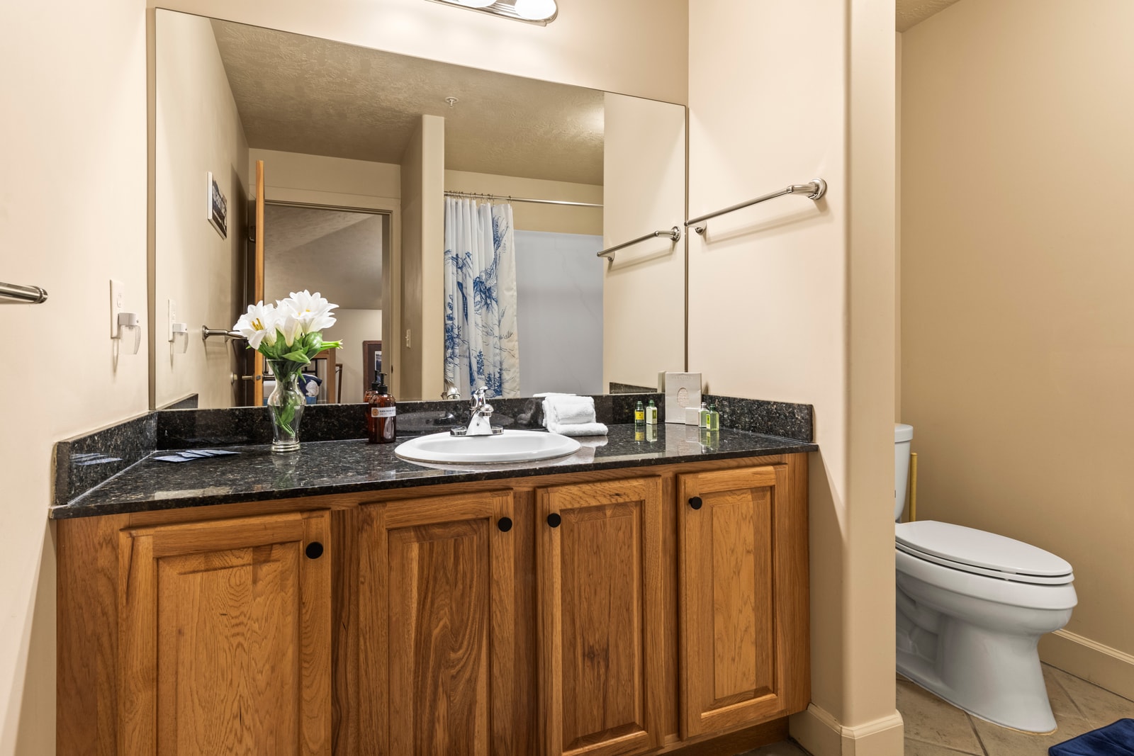 This upstairs bath serves the loft area with elegant design and thoughtful extras.