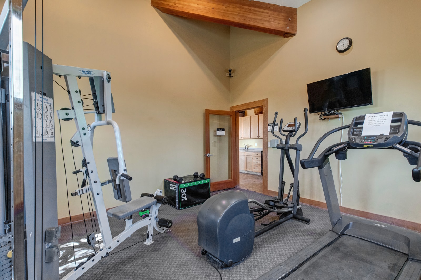 On-site fitness room includes cardio machines and weights to keep your routine going.