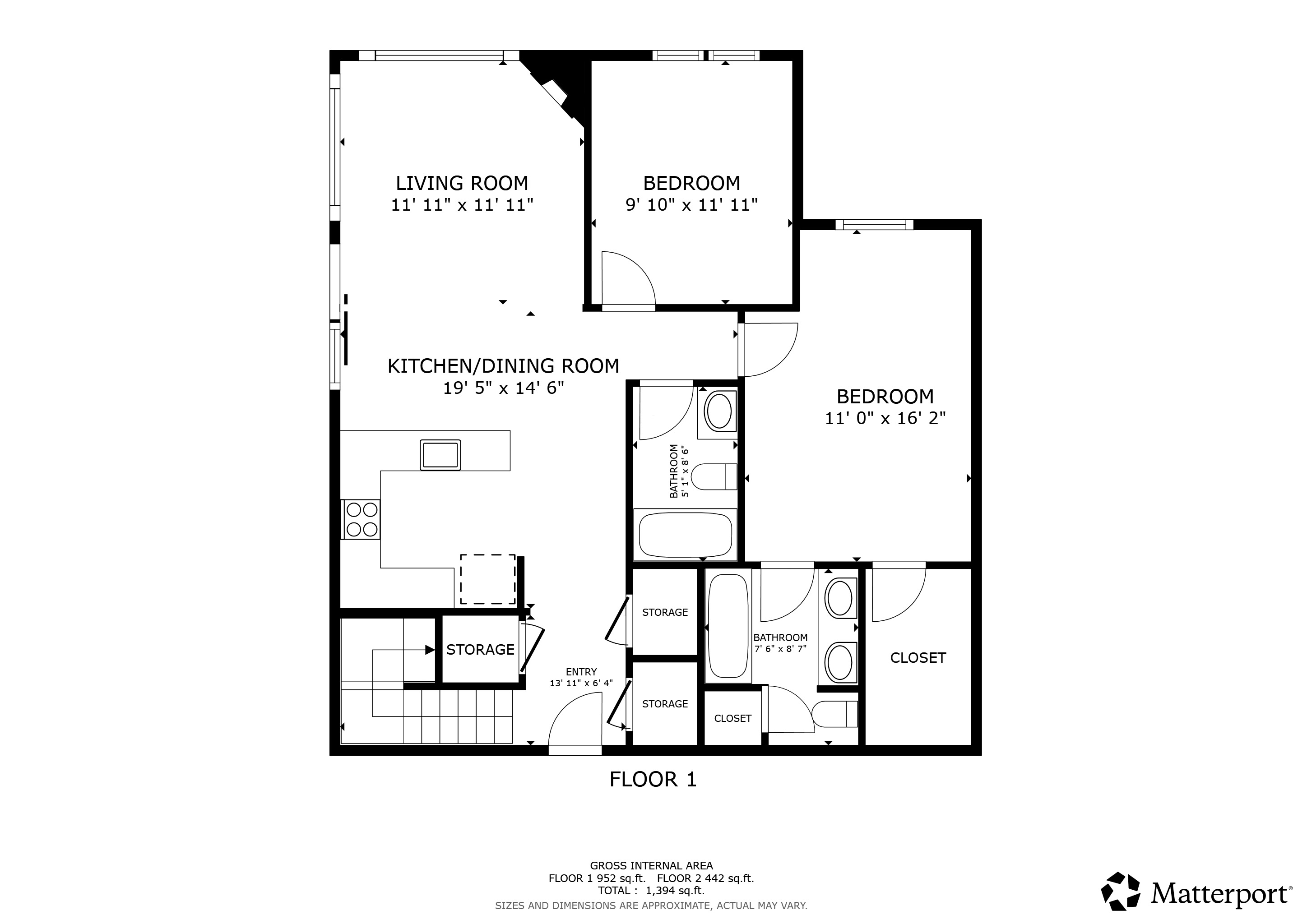 Main level includes King and Queen bedrooms, two full baths, open-concept living, kitchen, and dining.