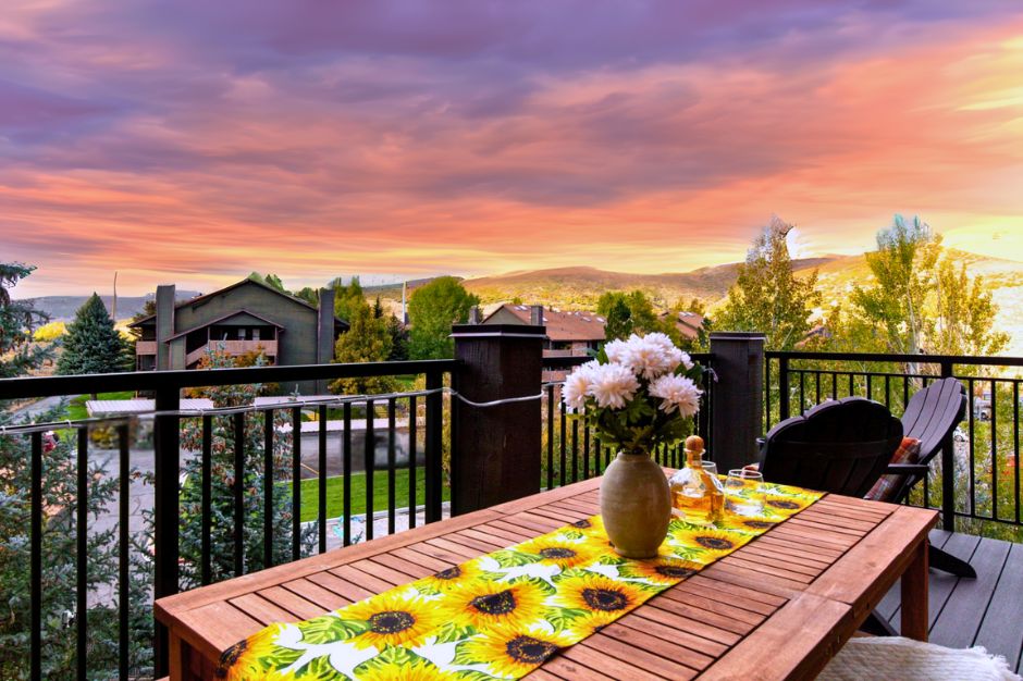 Sunset mountain views from your private balcony set the tone for peaceful evenings at Changes in Altitude.