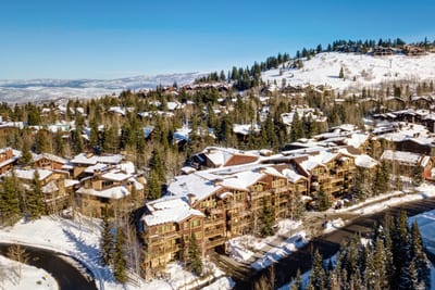 Aerial view shows your ideal location nestled among the pines and snowy peaks.