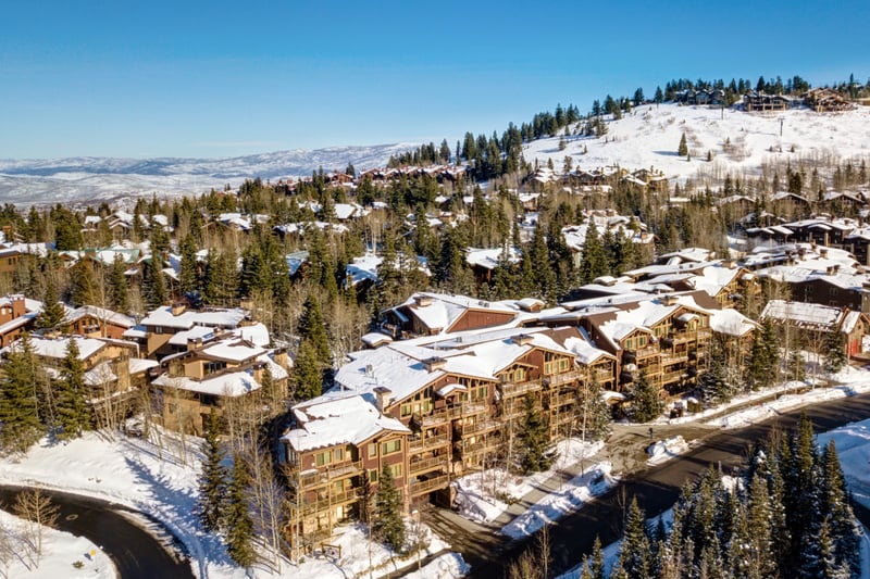 Aerial view shows your ideal location nestled among the pines and snowy peaks.