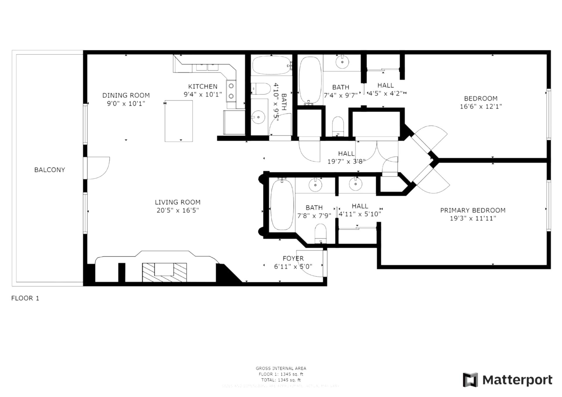 Floor plan shows two bedrooms, three full baths, and an open-concept living area.