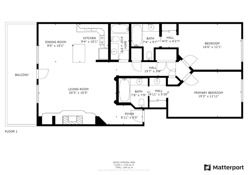 Floor plan shows two bedrooms, three full baths, and an open-concept living area.