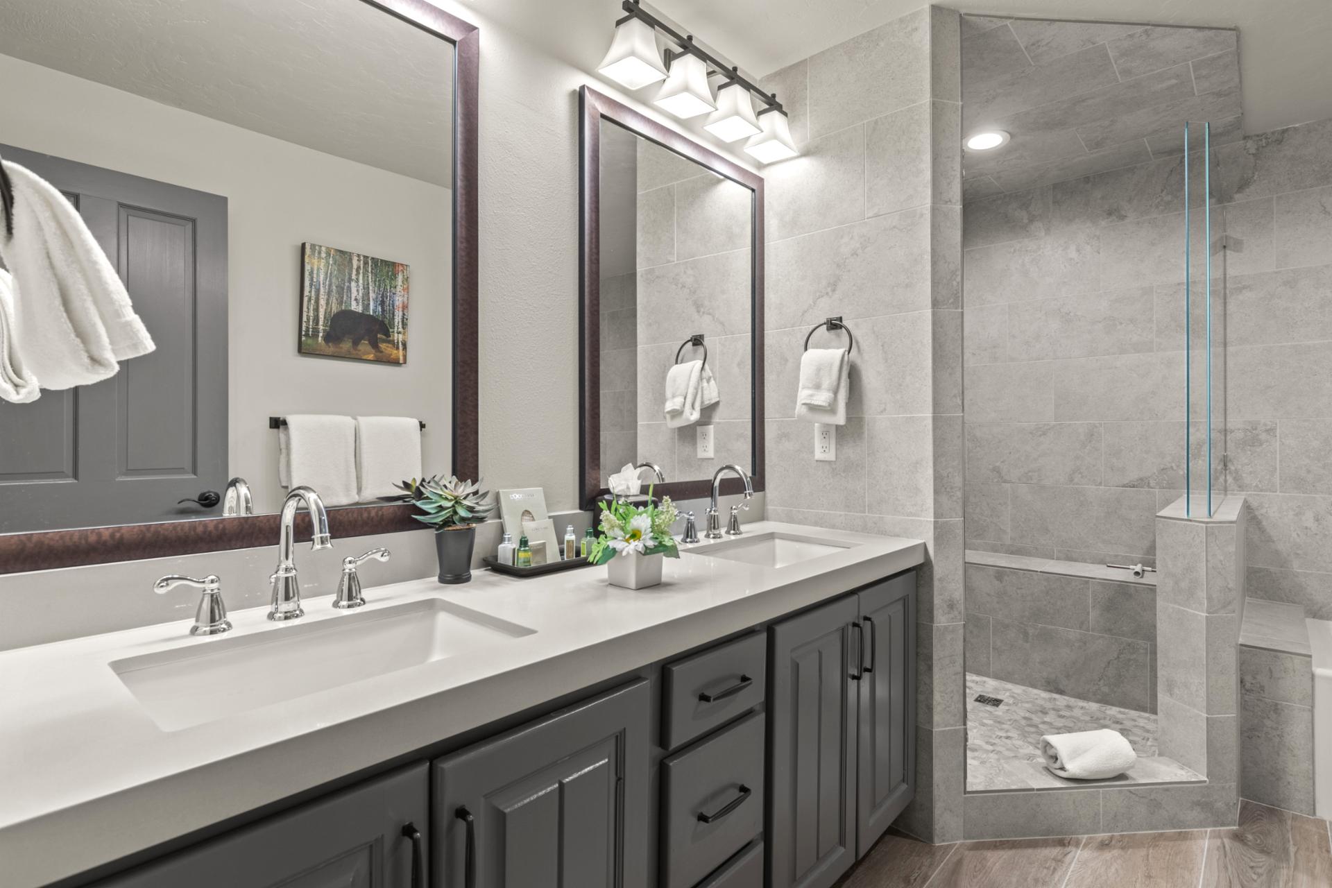 Dual sinks and counters make your primary bath ideal for couples or sharing with ease.