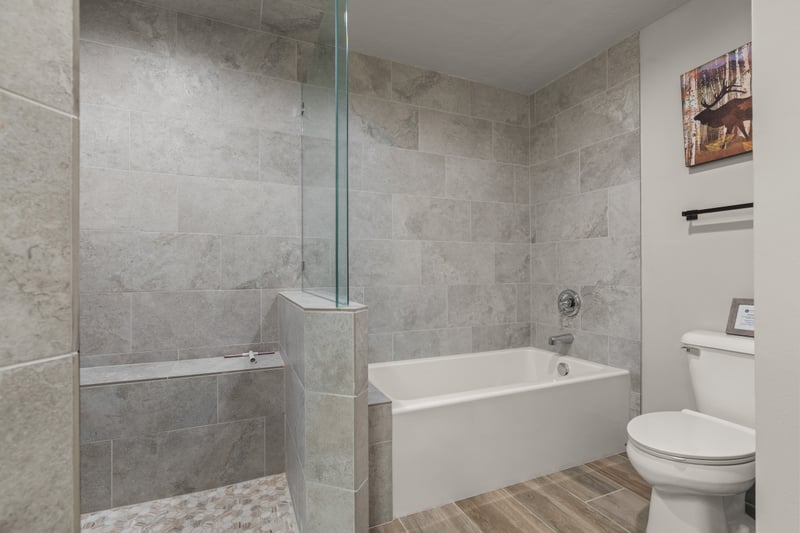 Walk-in shower and soaking tub with sleek finishes make this primary bathroom feel modern and spacious.
